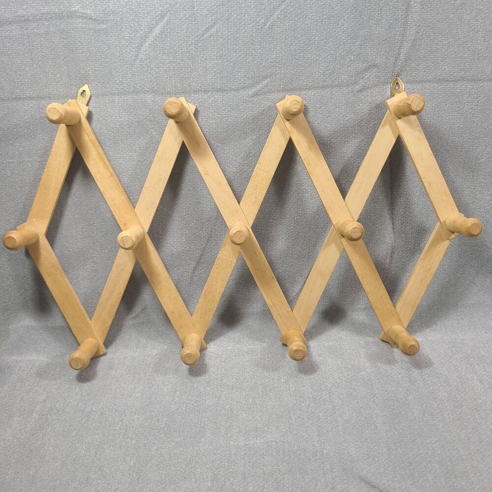 Vintage Accordion Wooden Wall Rack Expandable 13 Peg Hat Coat Mug Hanger